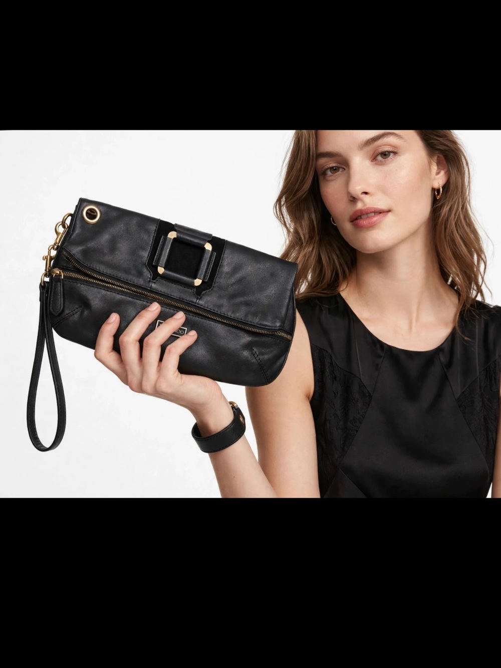 Jimmy Choo Black Leather Fold-Over Clutch with Gold Hardware